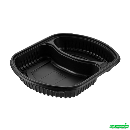 Wholesale Restaurantware 36 Oz Rectangle Black Plastic Food Container - with Clear Lid, Microwavable, 2 Compartments - 9 1/4" X 8" X 2 3/4" - 50 Count Box- Bulk