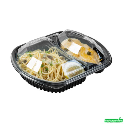 Wholesale Restaurantware 36 Oz Rectangle Black Plastic Food Container - with Clear Lid, Microwavable, 2 Compartments - 9 1/4" X 8" X 2 3/4" - 50 Count Box- Bulk