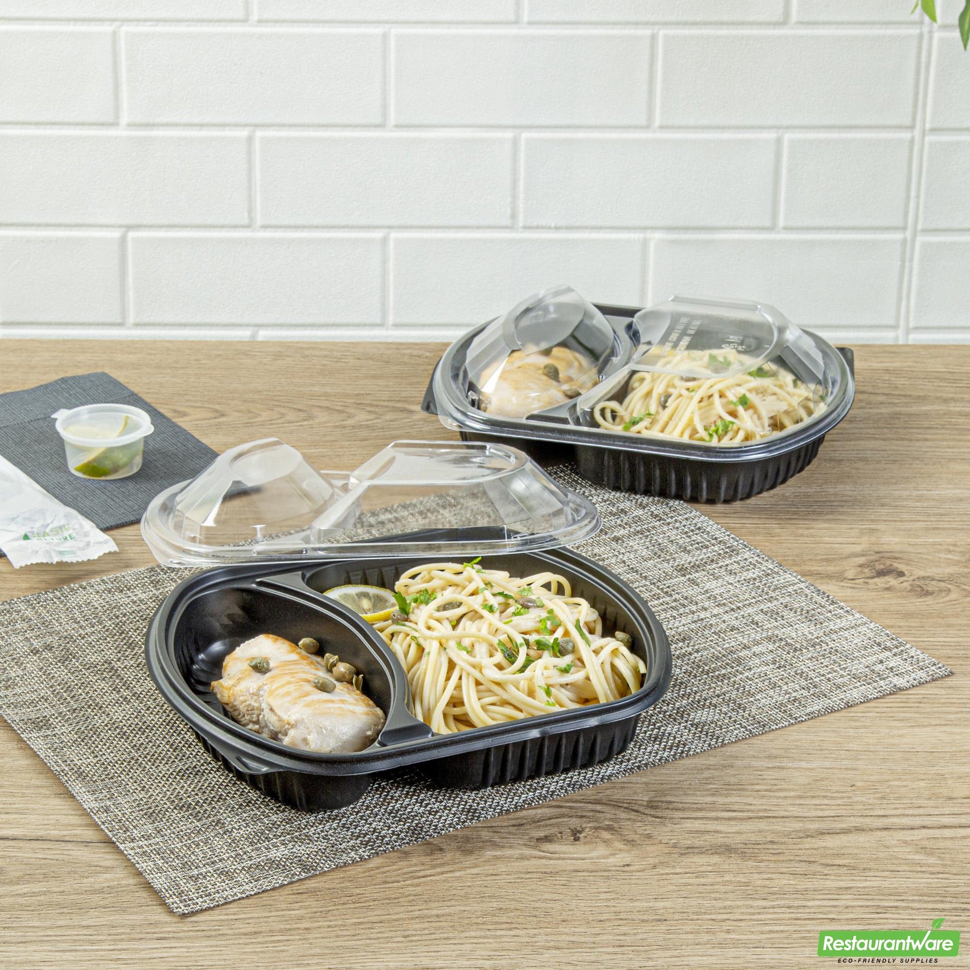 Wholesale Restaurantware 36 Oz Rectangle Black Plastic Food Container - with Clear Lid, Microwavable, 2 Compartments - 9 1/4" X 8" X 2 3/4" - 100 Count Box- Bulk
