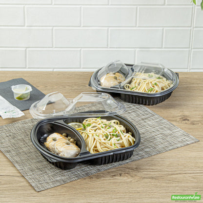 Wholesale Restaurantware 36 Oz Rectangle Black Plastic Food Container - with Clear Lid, Microwavable, 2 Compartments - 9 1/4" X 8" X 2 3/4" - 100 Count Box- Bulk