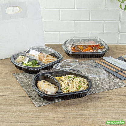 Wholesale Restaurantware 36 Oz Rectangle Black Plastic Food Container - with Clear Lid, Microwavable, 2 Compartments - 9 1/4" X 8" X 2 3/4" - 100 Count Box- Bulk