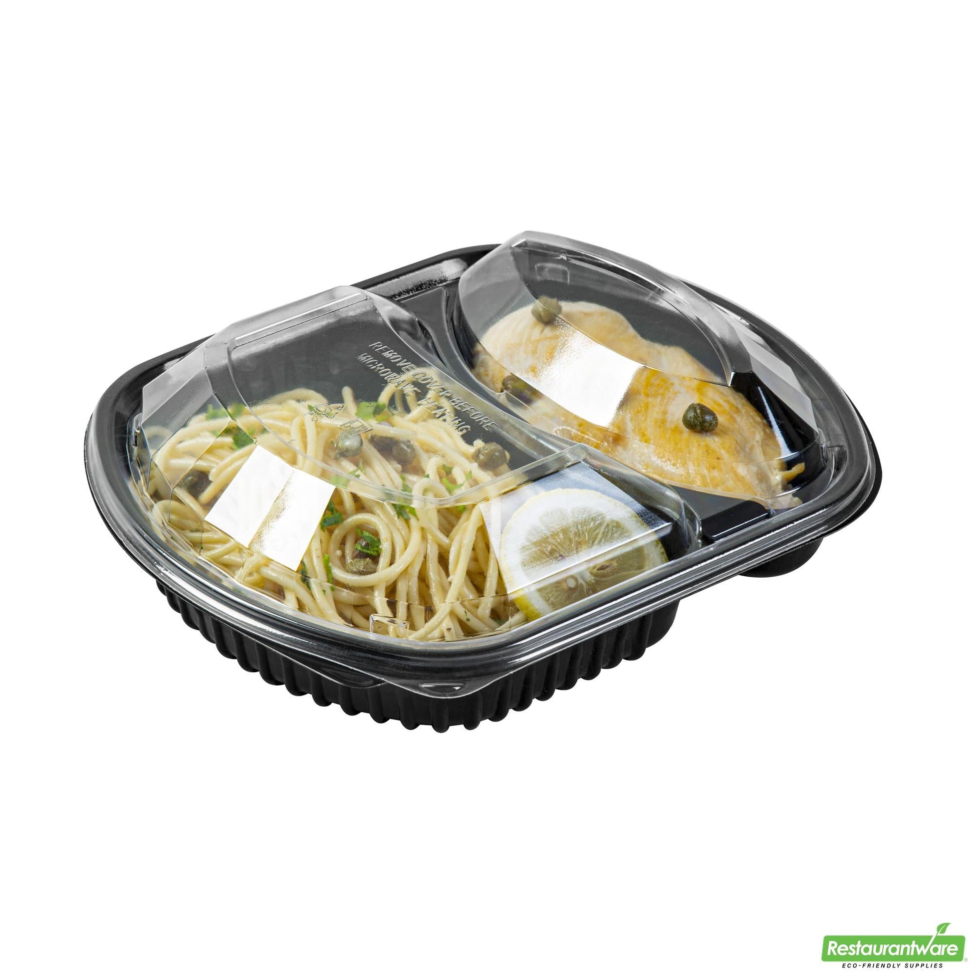 Wholesale Restaurantware 36 Oz Rectangle Black Plastic Food Container - with Clear Lid, Microwavable, 2 Compartments - 9 1/4" X 8" X 2 3/4" - 100 Count Box- Bulk