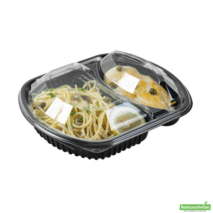 Wholesale Restaurantware 36 Oz Rectangle Black Plastic Food Container - with Clear Lid, Microwavable, 2 Compartments - 9 1/4" X 8" X 2 3/4" - 100 Count Box- Bulk