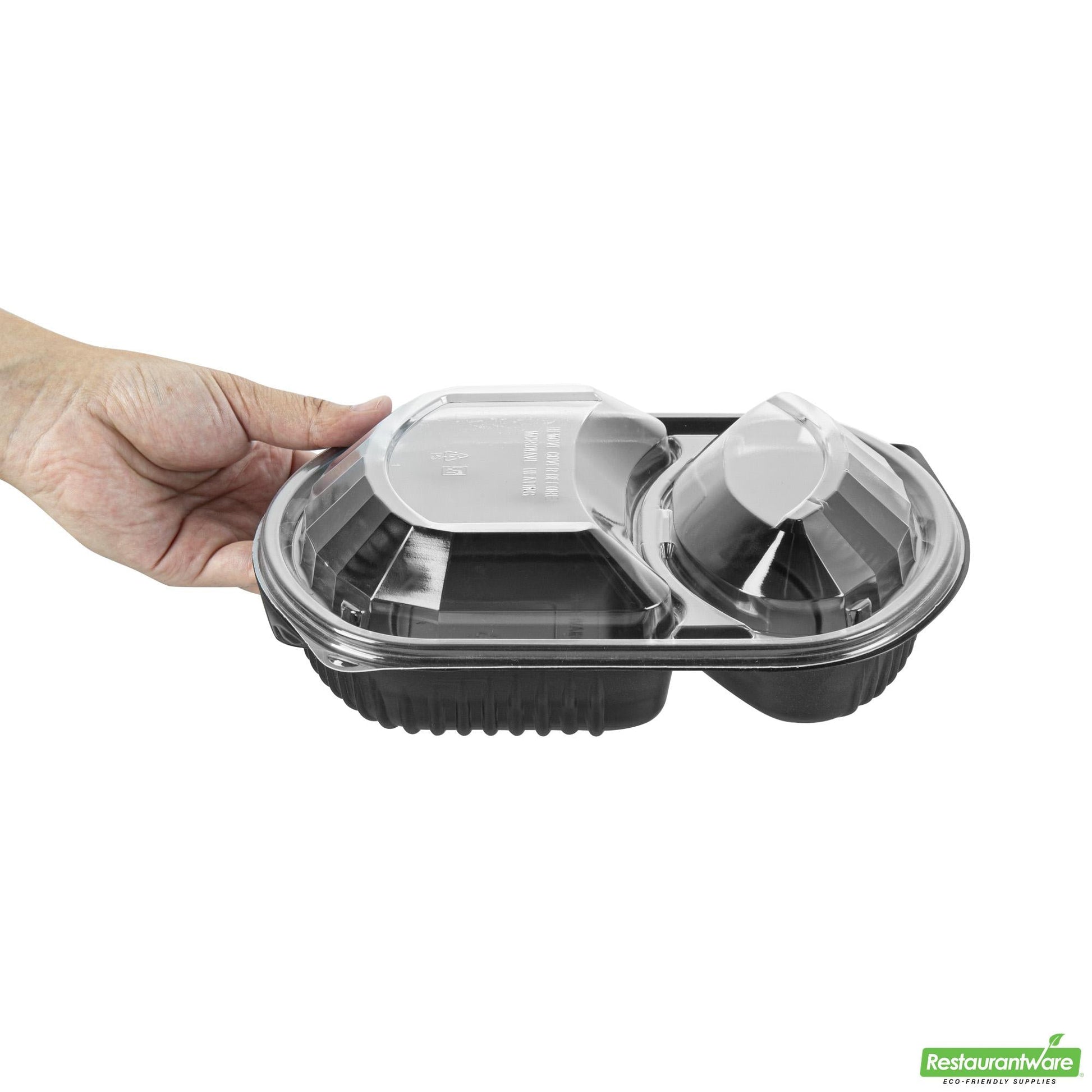 Wholesale Restaurantware 36 Oz Rectangle Black Plastic Food Container - with Clear Lid, Microwavable, 2 Compartments - 9 1/4" X 8" X 2 3/4" - 100 Count Box- Bulk