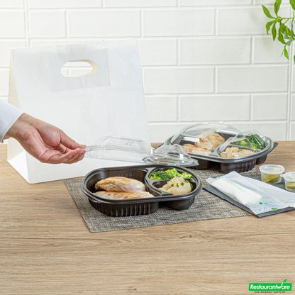 Wholesale Restaurantware 36 Oz Rectangle Black Plastic Food Container - with Clear Lid, Microwavable, 3 Compartments - 9 1/4" X 8" X 2 3/4" - 50 Count Box- Bulk