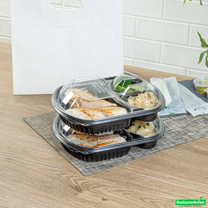 Wholesale Restaurantware 36 Oz Rectangle Black Plastic Food Container - with Clear Lid, Microwavable, 3 Compartments - 9 1/4" X 8" X 2 3/4" - 50 Count Box- Bulk