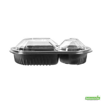Wholesale Restaurantware 36 Oz Rectangle Black Plastic Food Container - with Clear Lid, Microwavable, 3 Compartments - 9 1/4" X 8" X 2 3/4" - 100 Count Box- Bulk
