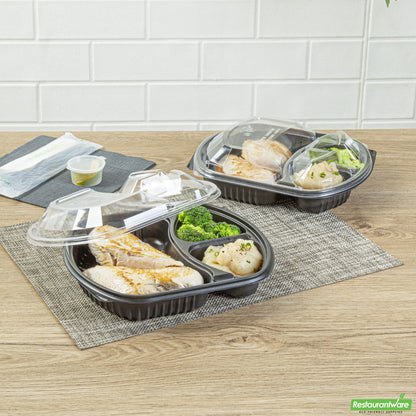 Wholesale Restaurantware 36 Oz Rectangle Black Plastic Food Container - with Clear Lid, Microwavable, 3 Compartments - 9 1/4" X 8" X 2 3/4" - 100 Count Box- Bulk