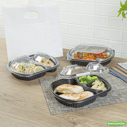Wholesale Restaurantware 36 Oz Rectangle Black Plastic Food Container - with Clear Lid, Microwavable, 3 Compartments - 9 1/4" X 8" X 2 3/4" - 100 Count Box- Bulk