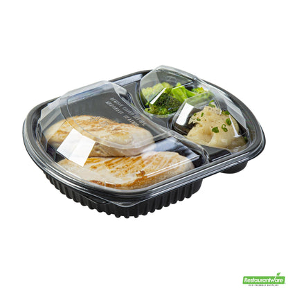 Wholesale Restaurantware 36 Oz Rectangle Black Plastic Food Container - with Clear Lid, Microwavable, 3 Compartments - 9 1/4" X 8" X 2 3/4" - 100 Count Box- Bulk