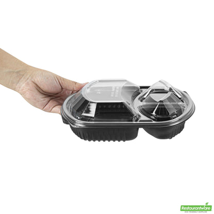 Wholesale Restaurantware 36 Oz Rectangle Black Plastic Food Container - with Clear Lid, Microwavable, 3 Compartments - 9 1/4" X 8" X 2 3/4" - 100 Count Box- Bulk