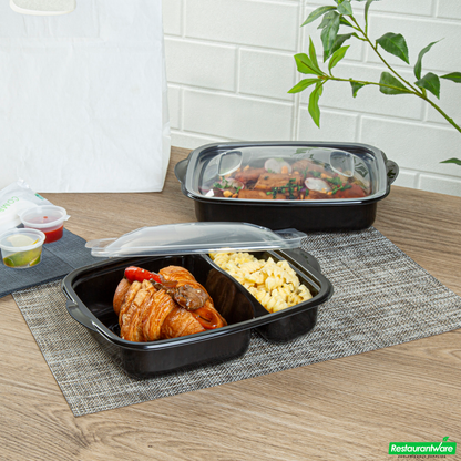 Wholesale Restaurantware 36 Oz Rectangle Black Plastic Food Container - with Clear Lid, Microwavable, 2 Compartments - 8 3/4" X 7" X 2 1/4" - 50 Count Box- Bulk