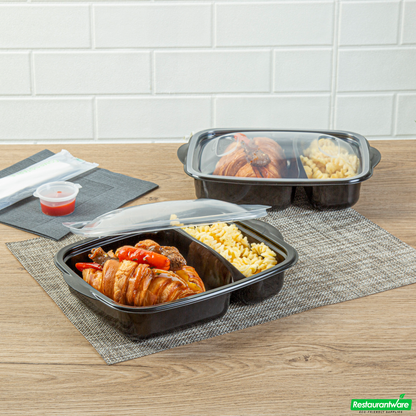 Wholesale Restaurantware 36 Oz Rectangle Black Plastic Food Container - with Clear Lid, Microwavable, 2 Compartments - 8 3/4" X 7" X 2 1/4" - 100 Count Box- Bulk
