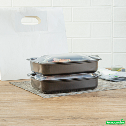 Wholesale Restaurantware 36 Oz Rectangle Black Plastic Food Container - with Clear Lid, Microwavable - 8 3/4" X 7" X 2 1/4" - 50 Count Box- Bulk