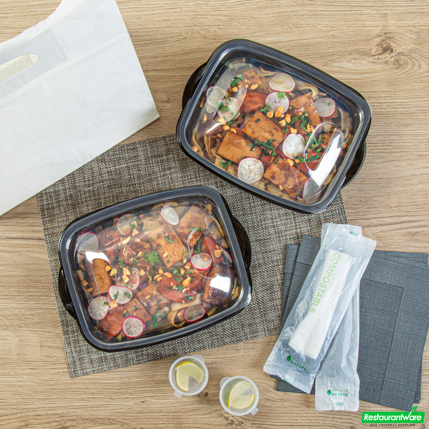 Wholesale Restaurantware 36 Oz Rectangle Black Plastic Food Container - with Clear Lid, Microwavable - 8 3/4" X 7" X 2 1/4" - 50 Count Box- Bulk