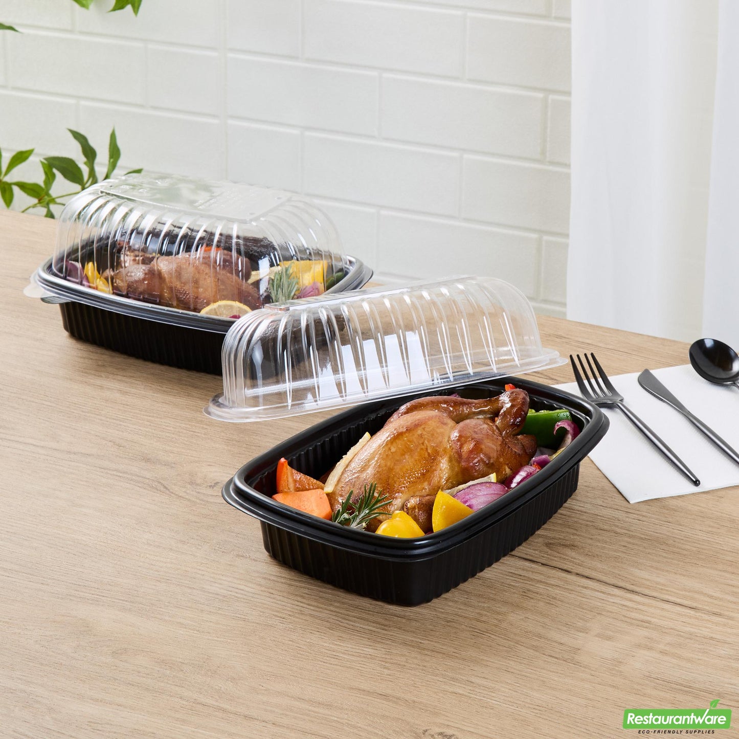 Wholesale Restaurantware Black Plastic Chicken Roaster Container - with Clear Dome Lid - 10.2" X 7.2" X 4.7"- Bulk