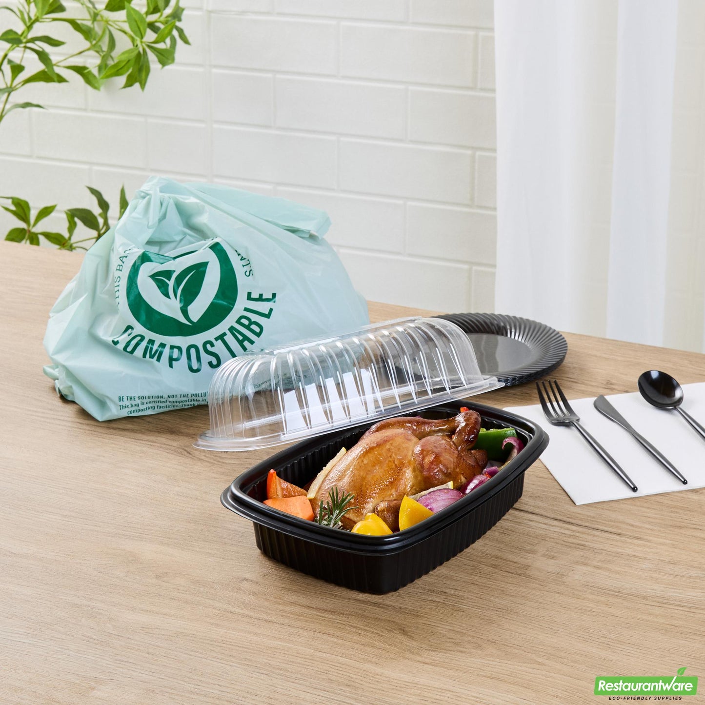 Wholesale Restaurantware Black Plastic Chicken Roaster Container - with Clear Dome Lid - 10.2" X 7.2" X 4.7"- Bulk