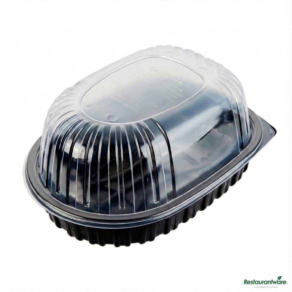 Wholesale Restaurantware Black Plastic Chicken Roaster Container - with Clear Dome Lid - 10" X 7.5" X 4.5"- Bulk