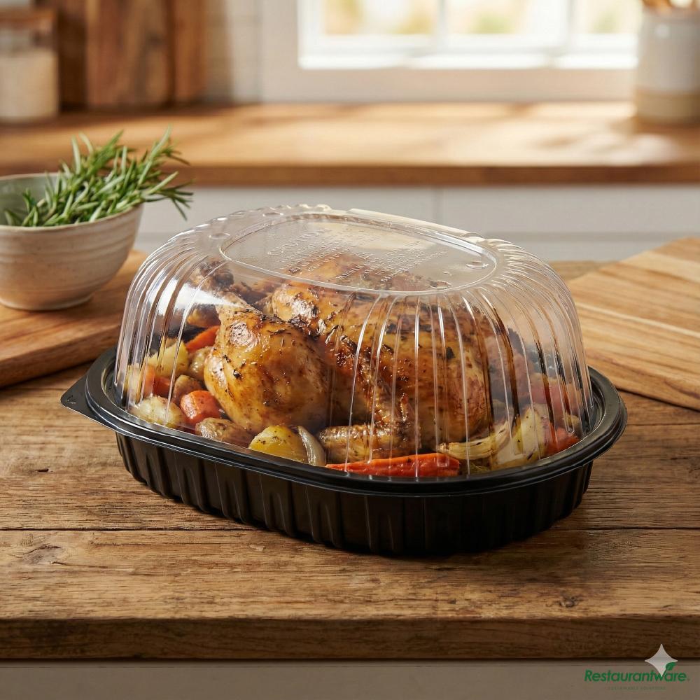 Wholesale Restaurantware Black Plastic Chicken Roaster Container - with Clear Dome Lid - 10" X 7.5" X 4.5"- Bulk