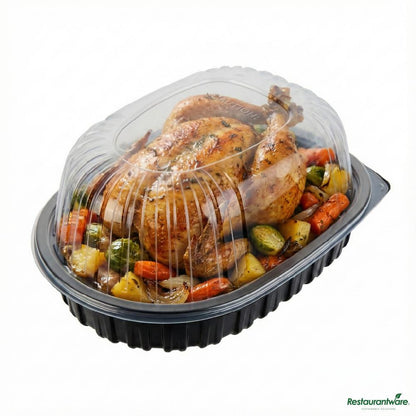 Wholesale Restaurantware Black Plastic Chicken Roaster Container - with Clear Dome Lid - 10" X 7.5" X 4.5"- Bulk