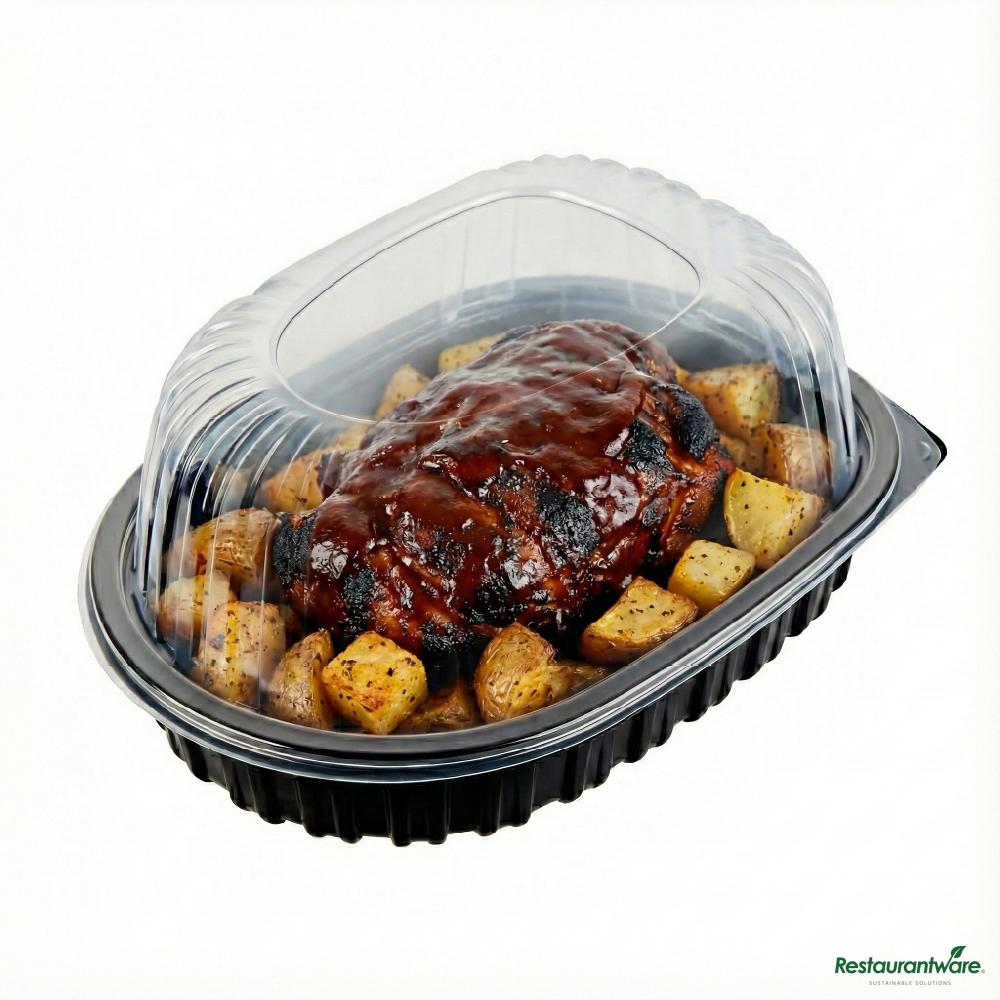 Wholesale Restaurantware Black Plastic Chicken Roaster Container - with Clear Dome Lid - 10" X 7.5" X 4.5"- Bulk