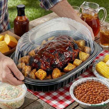 Wholesale Restaurantware Black Plastic Chicken Roaster Container - with Clear Dome Lid - 10" X 7.5" X 4.5"- Bulk