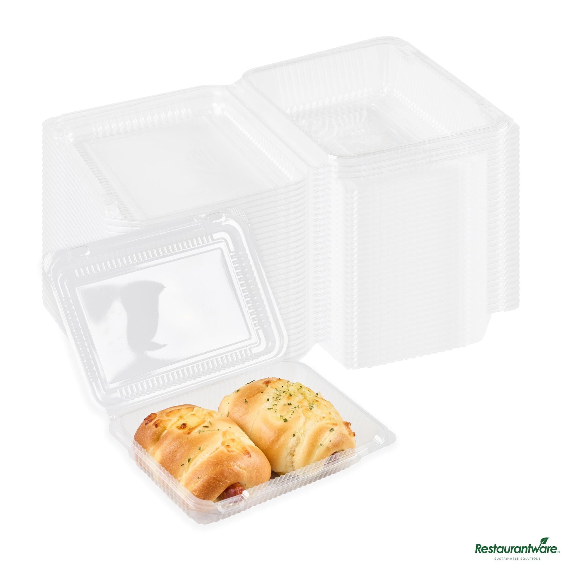 Wholesale Restaurantware Thermo Tek Rectangle Clear Plastic Clamshell Container - 7 1/2" X 5 1/4" X 1 3/4" - 100 Count Box- Bulk