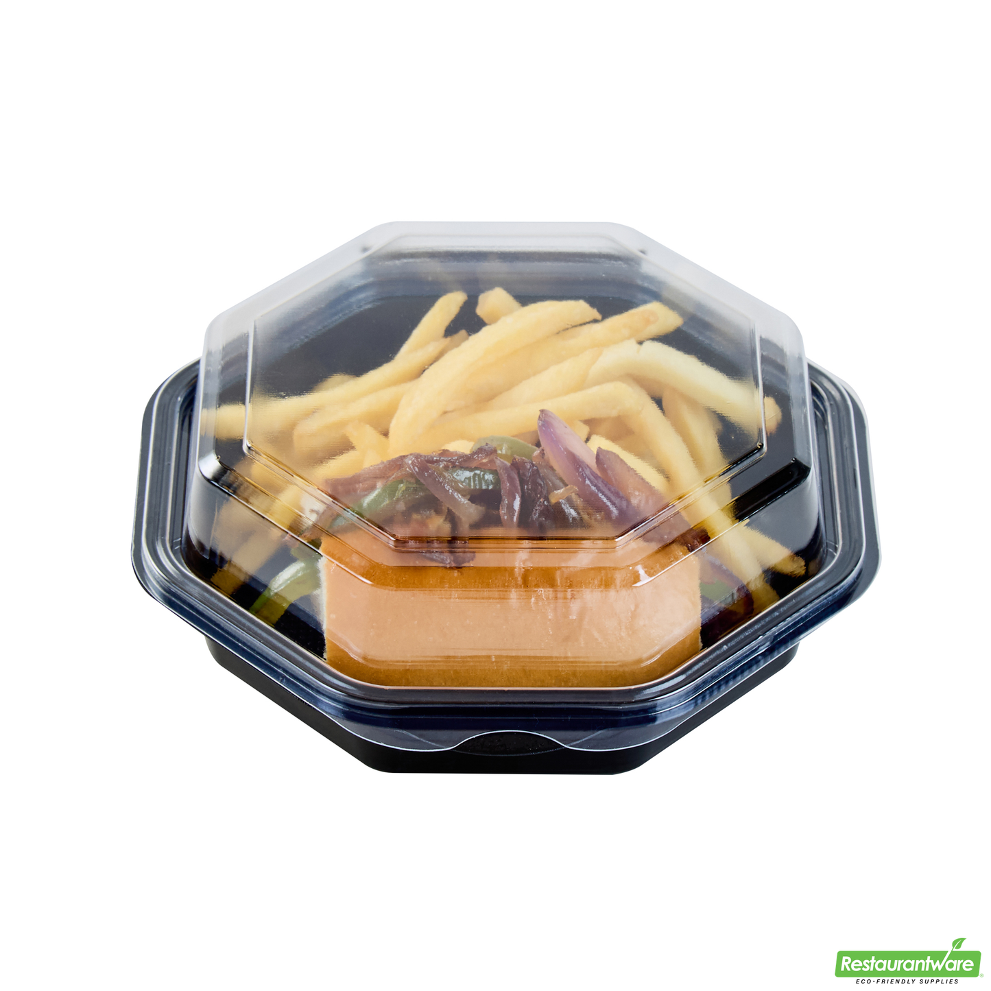 Wholesale Restaurantware Octagon Black Plastic Food Container - with Clear Lid - 6 1/4" X 6 1/4" X 2" - 100 Count Box- Bulk