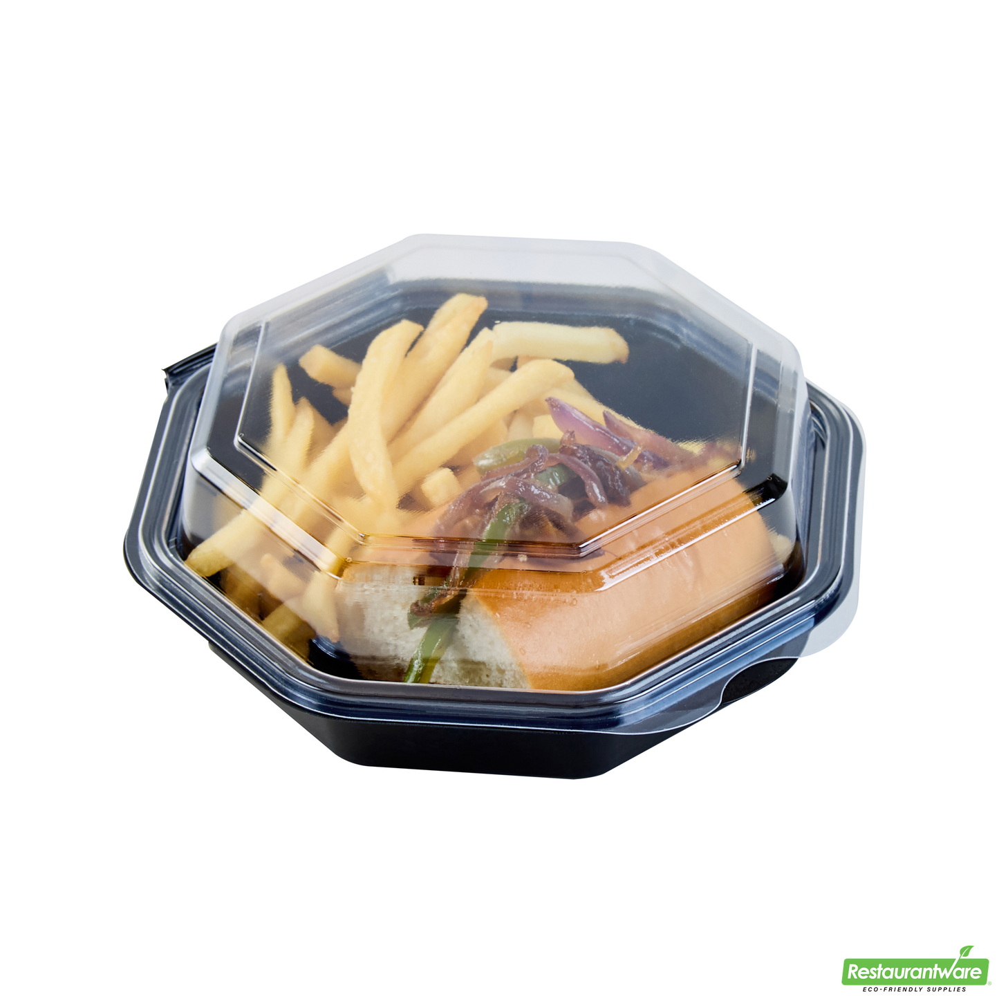 Wholesale Restaurantware Octagon Black Plastic Food Container - with Clear Lid - 6 1/4" X 6 1/4" X 2" - 100 Count Box- Bulk