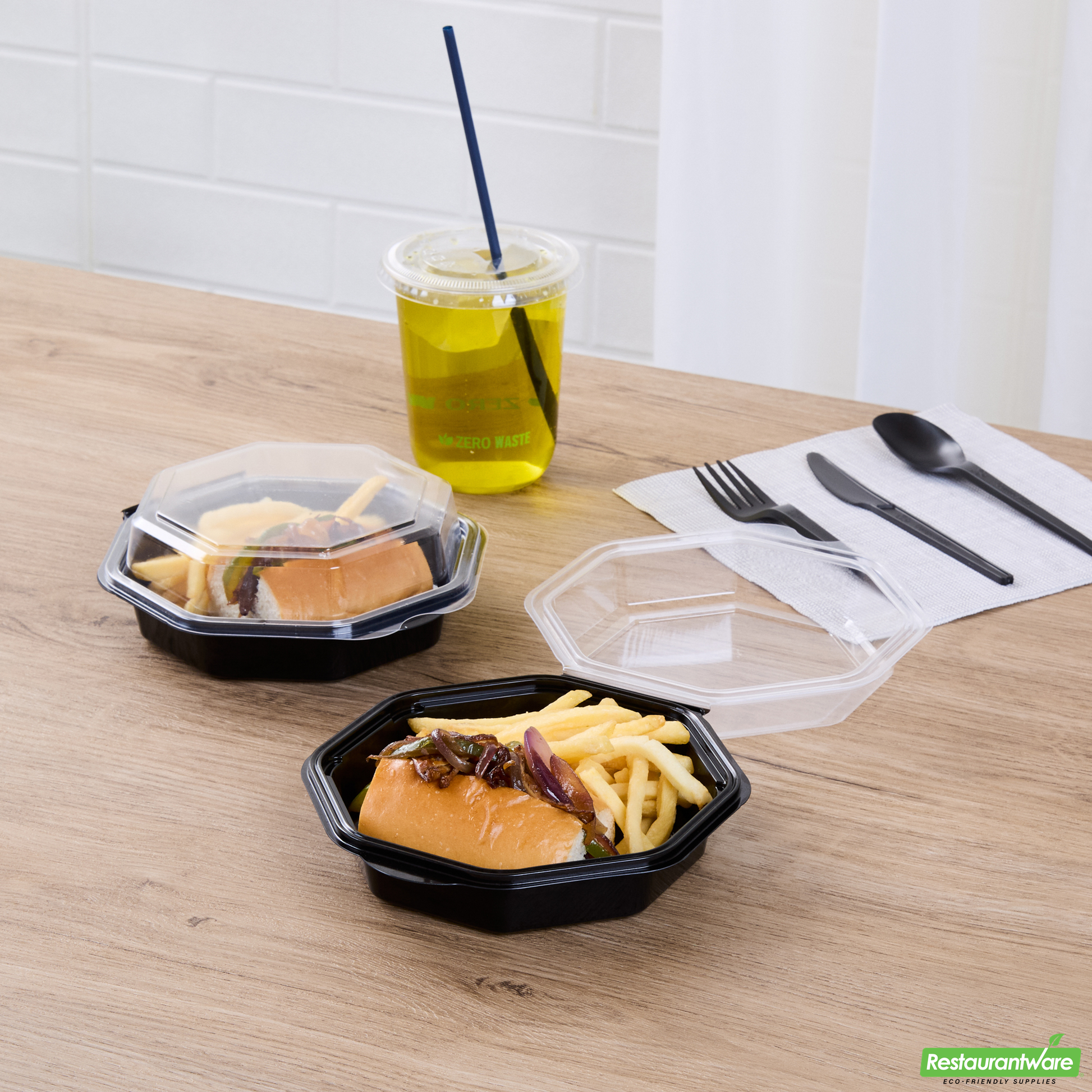Wholesale Restaurantware Octagon Black Plastic Food Container - with Clear Lid - 6 1/4" X 6 1/4" X 2" - 100 Count Box- Bulk