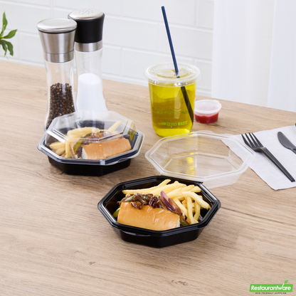 Wholesale Restaurantware Octagon Black Plastic Food Container - with Clear Lid - 6 1/4" X 6 1/4" X 2" - 100 Count Box- Bulk