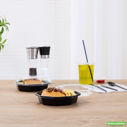 Wholesale Restaurantware Octagon Black Plastic Food Container - with Clear Lid - 6 1/4" X 6 1/4" X 2" - 100 Count Box- Bulk