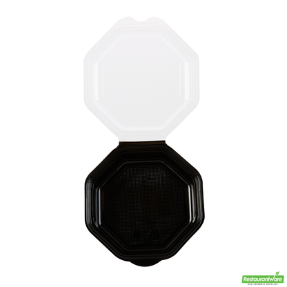 Wholesale Restaurantware Octagon Black Plastic Food Container - with Clear Lid - 6 1/4" X 6 1/4" X 2" - 100 Count Box- Bulk