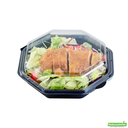 Wholesale Restaurantware Octagon Black Plastic Food Container - with Clear Lid - 7 1/2" X 7 1/2" X 2 1/4" - 100 Count Box- Bulk