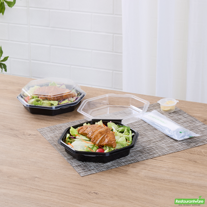 Wholesale Restaurantware Octagon Black Plastic Food Container - with Clear Lid - 7 1/2" X 7 1/2" X 2 1/4" - 100 Count Box- Bulk