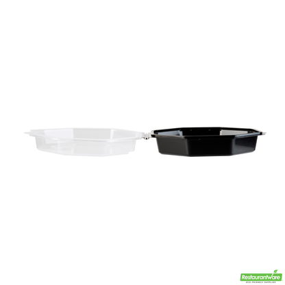 Wholesale Restaurantware Octagon Black Plastic Food Container - with Clear Lid - 7 1/2" X 7 1/2" X 2 1/4" - 100 Count Box- Bulk