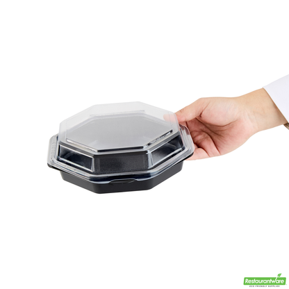 Wholesale Restaurantware Octagon Black Plastic Food Container - with Clear Lid - 7 1/2" X 7 1/2" X 2 1/4" - 100 Count Box- Bulk