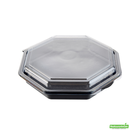 Wholesale Restaurantware Octagon Black Plastic Food Container - with Clear Lid - 9" X 9" X 2" - 100 Count Box- Bulk