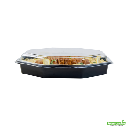Wholesale Restaurantware Octagon Black Plastic Food Container - with Clear Lid - 9" X 9" X 2" - 100 Count Box- Bulk