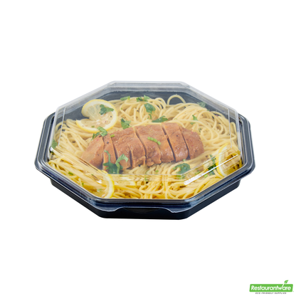 Wholesale Restaurantware Octagon Black Plastic Food Container - with Clear Lid - 9" X 9" X 2" - 100 Count Box- Bulk