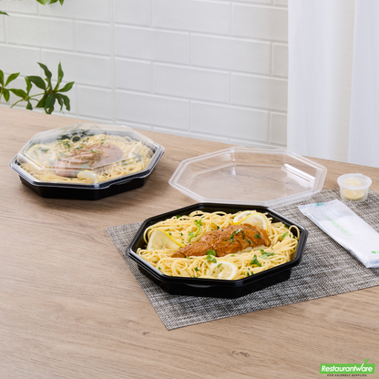 Wholesale Restaurantware Octagon Black Plastic Food Container - with Clear Lid - 9" X 9" X 2" - 100 Count Box- Bulk