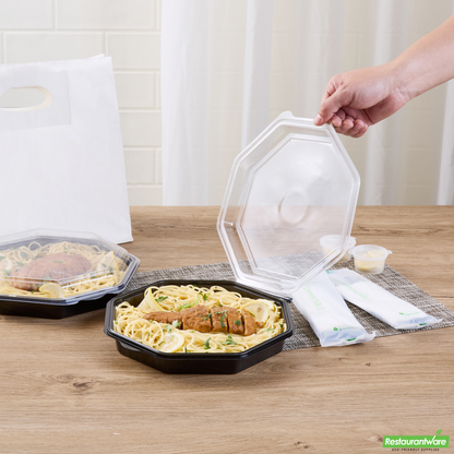 Wholesale Restaurantware Octagon Black Plastic Food Container - with Clear Lid - 9" X 9" X 2" - 100 Count Box- Bulk