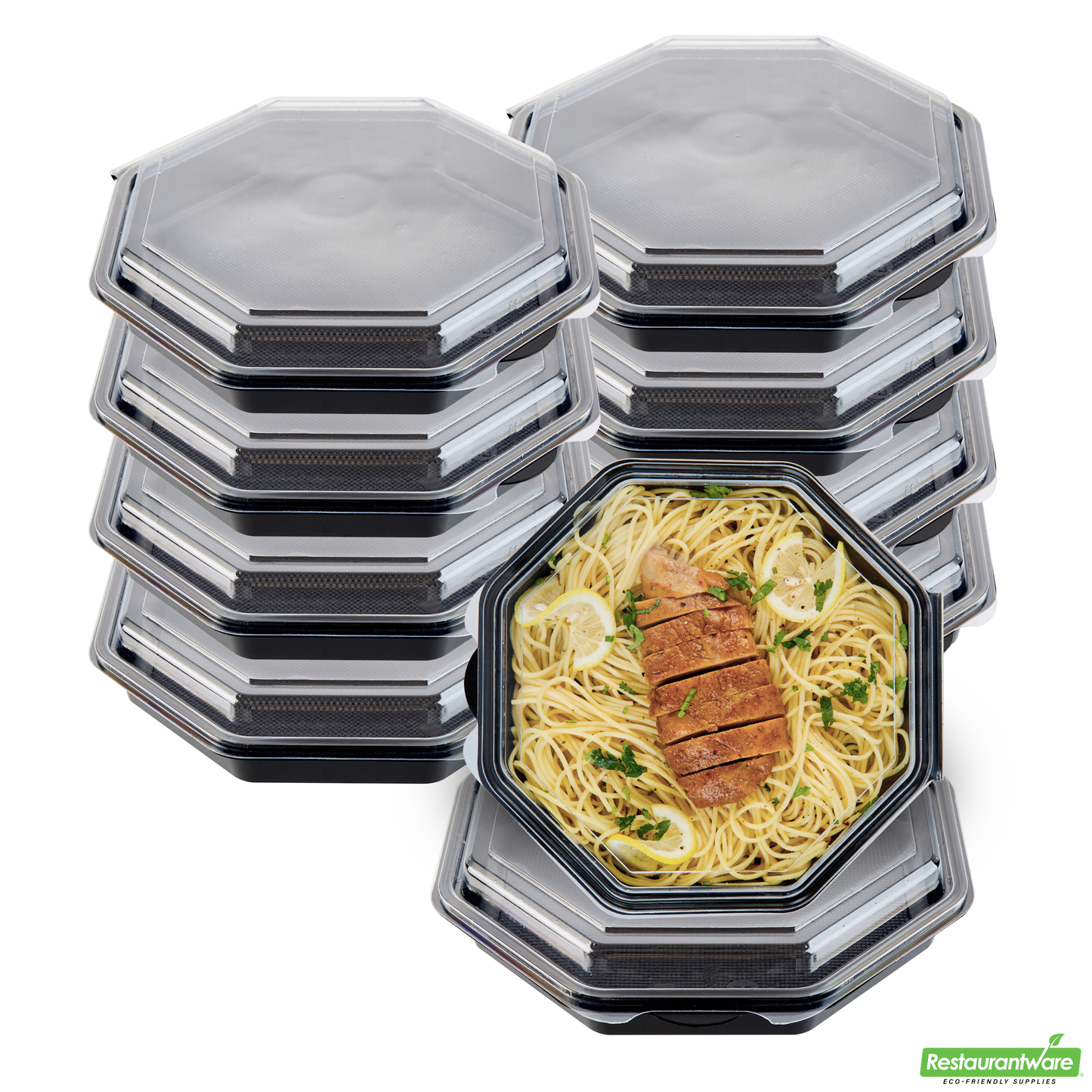 Wholesale Restaurantware Octagon Black Plastic Food Container - with Clear Lid - 9" X 9" X 2" - 100 Count Box- Bulk