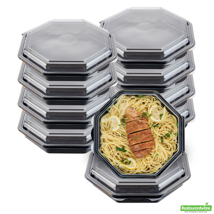 Wholesale Restaurantware Octagon Black Plastic Food Container - with Clear Lid - 9" X 9" X 2" - 100 Count Box- Bulk