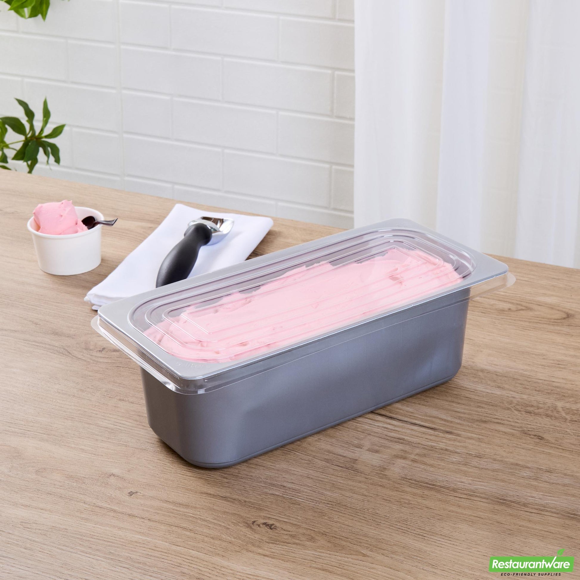 Wholesale Restaurantware 5 Qt Rectangle Gray Plastic Ice Cream Container - with Clear Lid - 13.6" X 6.5" X 4.7"- Bulk