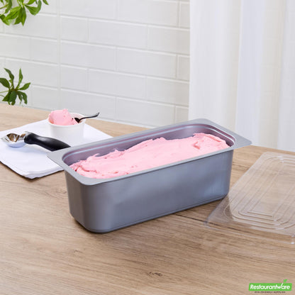 Wholesale Restaurantware 5 Qt Rectangle Gray Plastic Ice Cream Container - with Clear Lid - 13.6" X 6.5" X 4.7"- Bulk