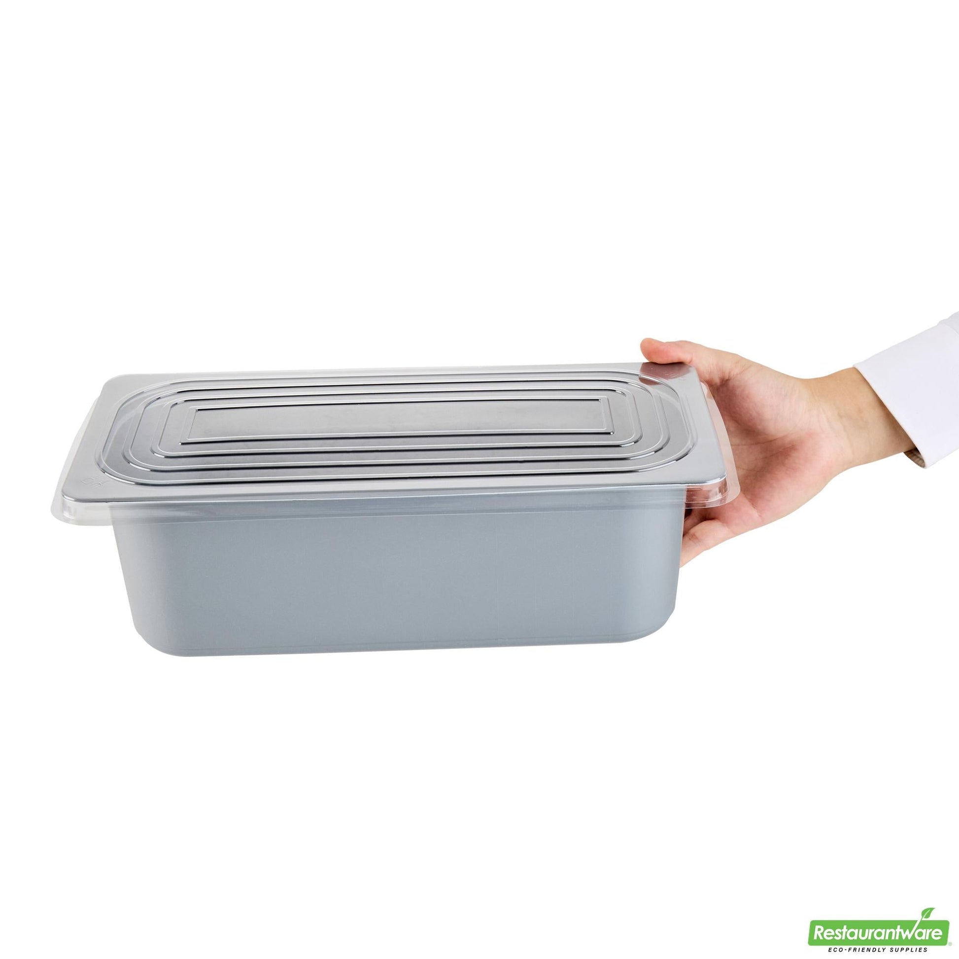Wholesale Restaurantware 5 Qt Rectangle Gray Plastic Ice Cream Container - with Clear Lid - 13.6" X 6.5" X 4.7"- Bulk