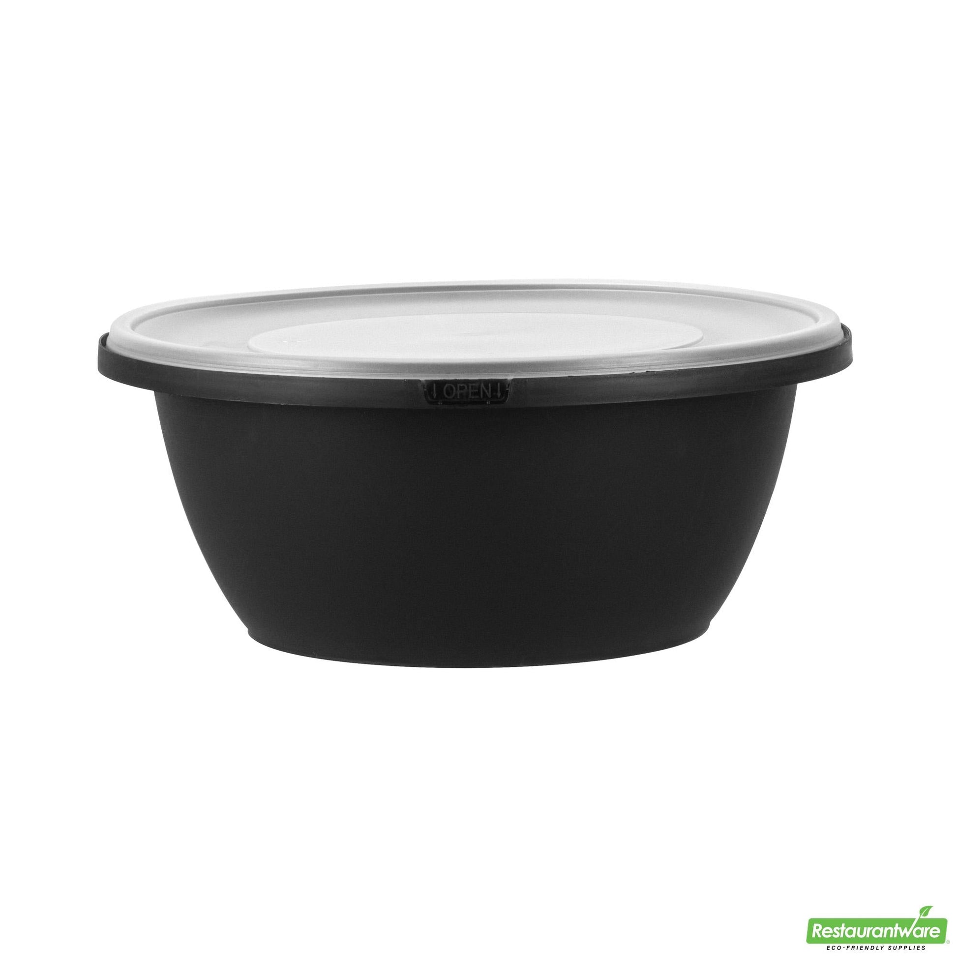 Wholesale Restaurantware Cater Tek 51 Oz Round Black Plastic Catering / Serving Bowl - with Clear Lid, Microwavable - 8" X 8" X 3 1/2" - 25 Count Box- Bulk