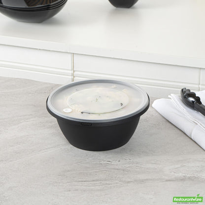 Wholesale Restaurantware Cater Tek 51 Oz Round Black Plastic Catering / Serving Bowl - with Clear Lid, Microwavable - 8" X 8" X 3 1/2" - 25 Count Box- Bulk