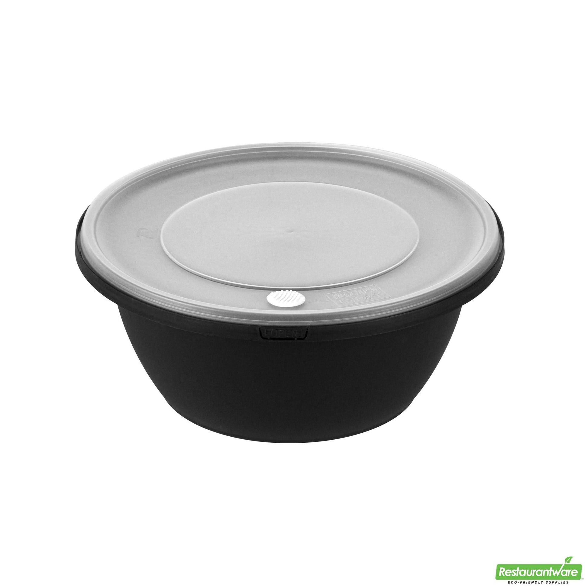 Wholesale Restaurantware Cater Tek 51 Oz Round Black Plastic Catering / Serving Bowl - with Clear Lid, Microwavable - 8" X 8" X 3 1/2" - 25 Count Box- Bulk